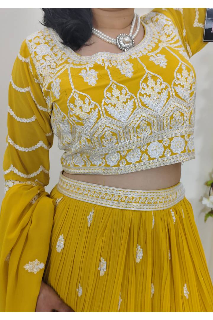Georgette Crop Top Skirt In Yellow with Contrast  Embroidery