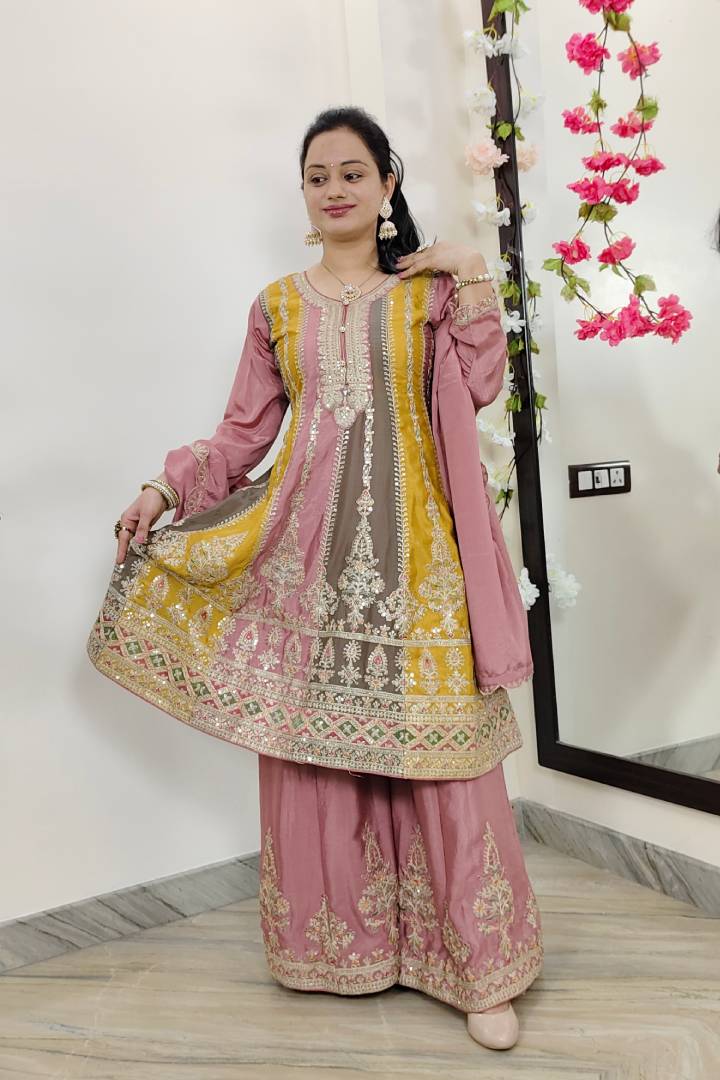 Anarkali Partywear Chinon Silk Sharara Suit in Mauve