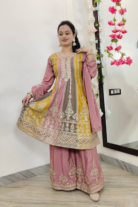 Anarkali Partywear Chinon Silk Sharara Suit in Mauve