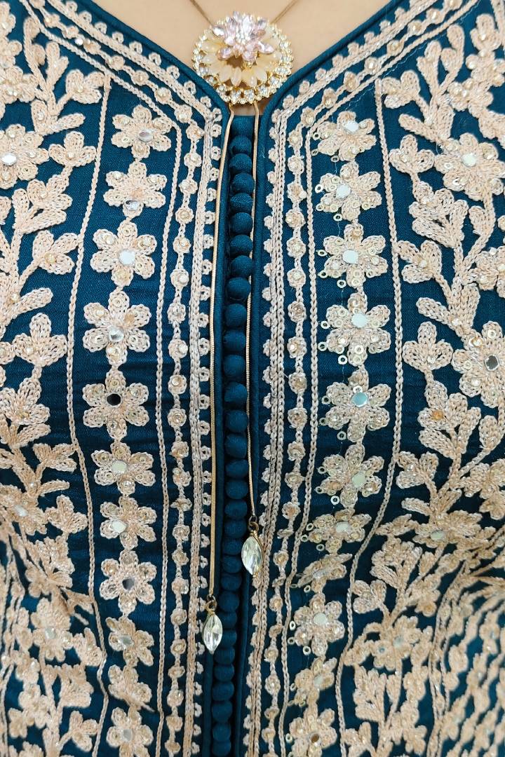 Heavy Embroidered  Chinon Sharara Suit in Peacock