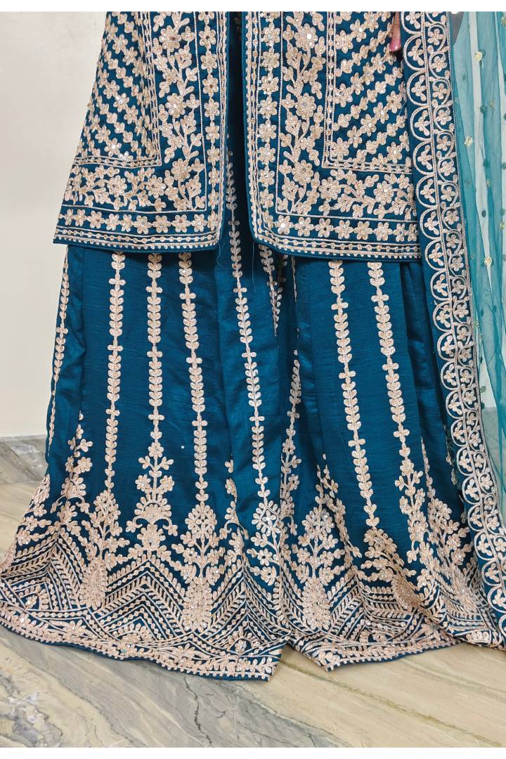 Heavy Embroidered  Chinon Sharara Suit in Peacock
