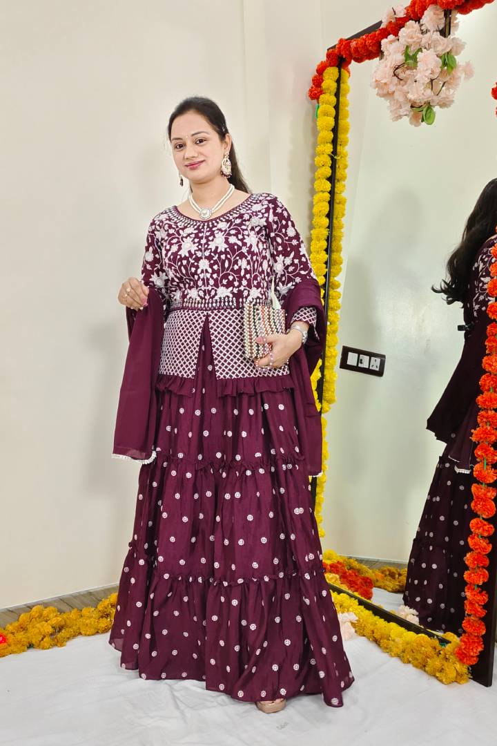 Peplum Indo Western Dress with Skirt in Wine