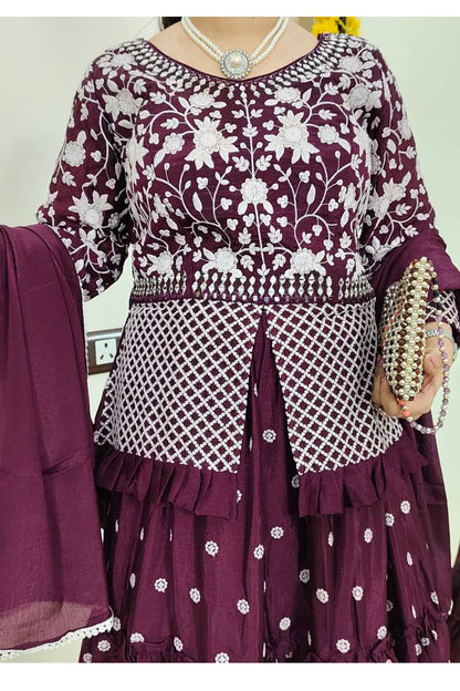 Peplum Indo Western Dress with Skirt in Wine