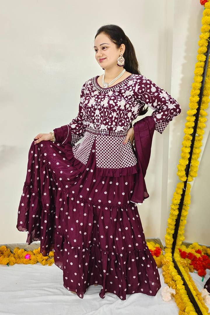 Peplum Indo Western Dress with Skirt in Wine