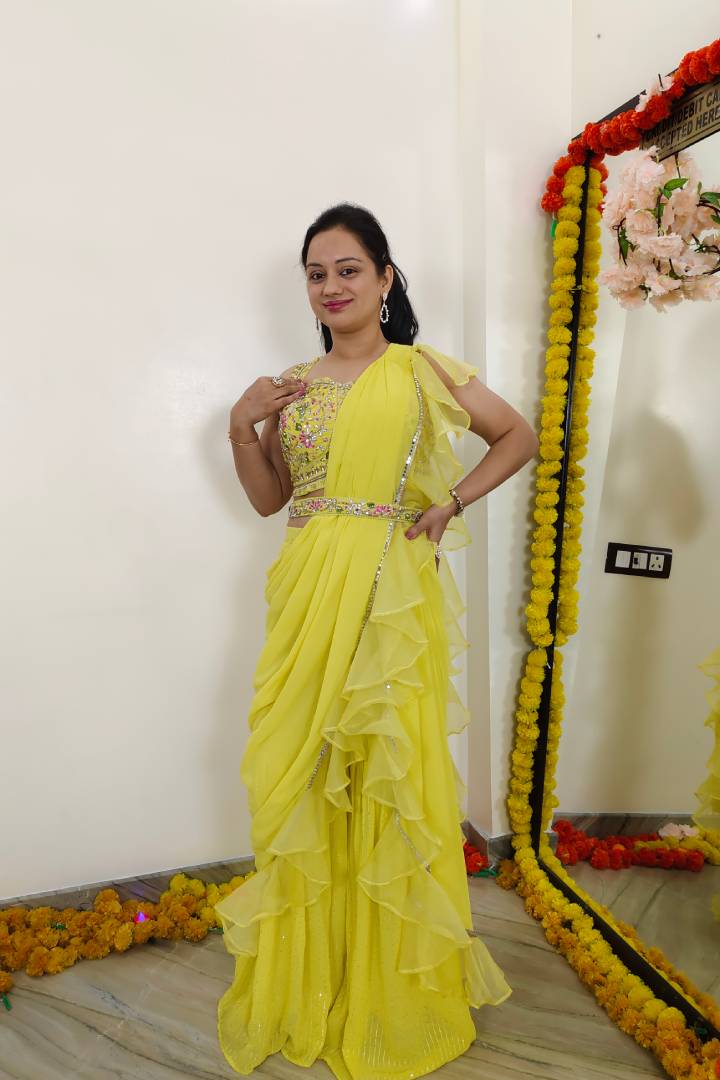 Crop Top Sharara Dress With Drape With Belt in Yellow for Haldi Ceremony