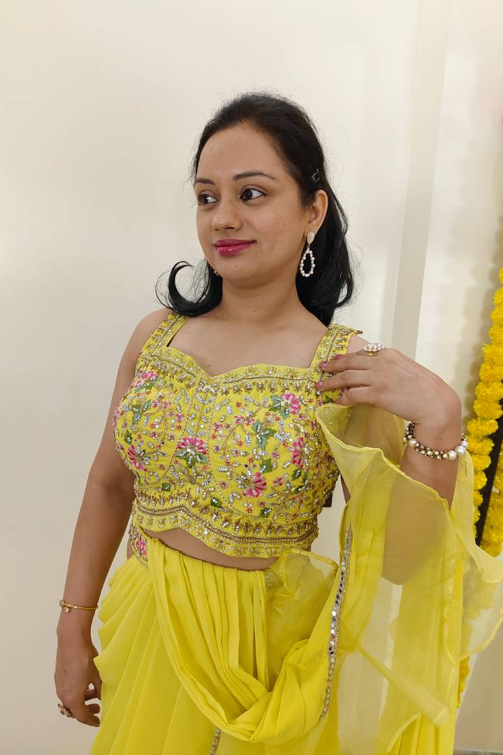 Crop Top Sharara Dress With Drape With Belt in Yellow for Haldi Ceremony