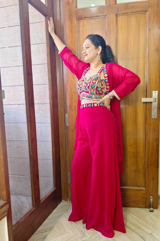 Indo western three piece dress with SHrug In Hot Pink