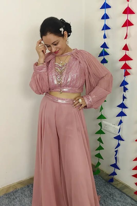 Crop Top  Sharara Set With Cape sleeves Design in Mauve