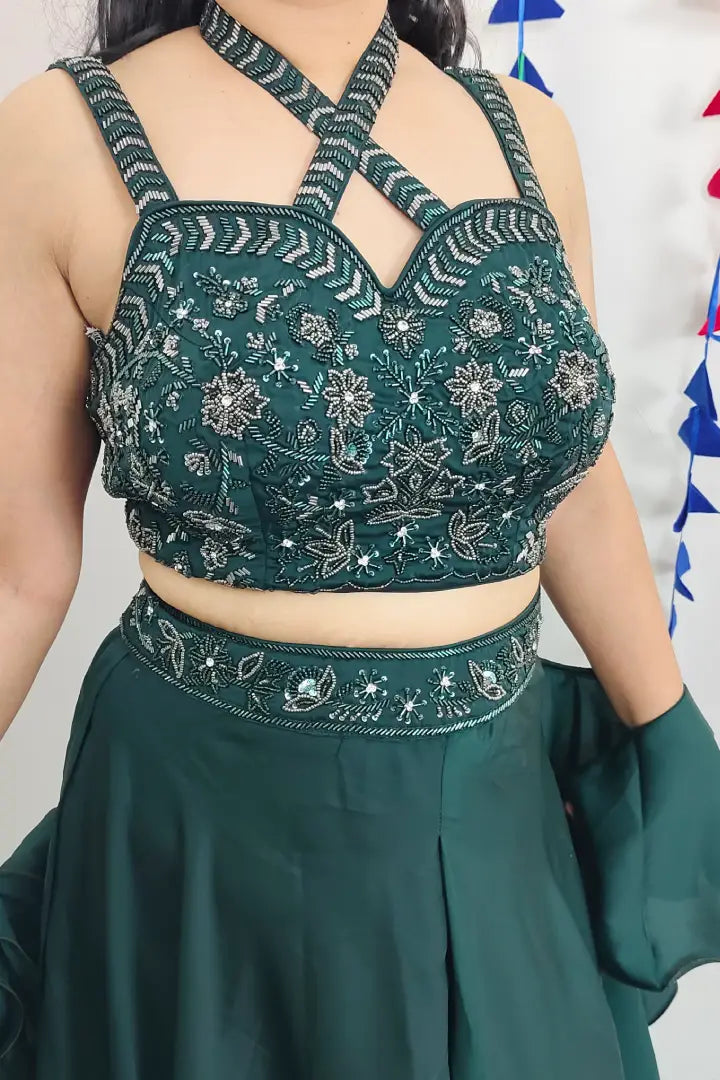 Designer Crop Top Sharara With Hand Work Blouse In Green