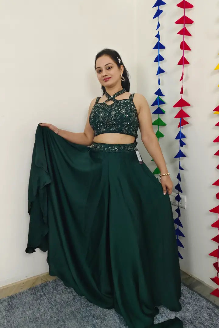Designer Crop Top Sharara With Hand Work Blouse In Green