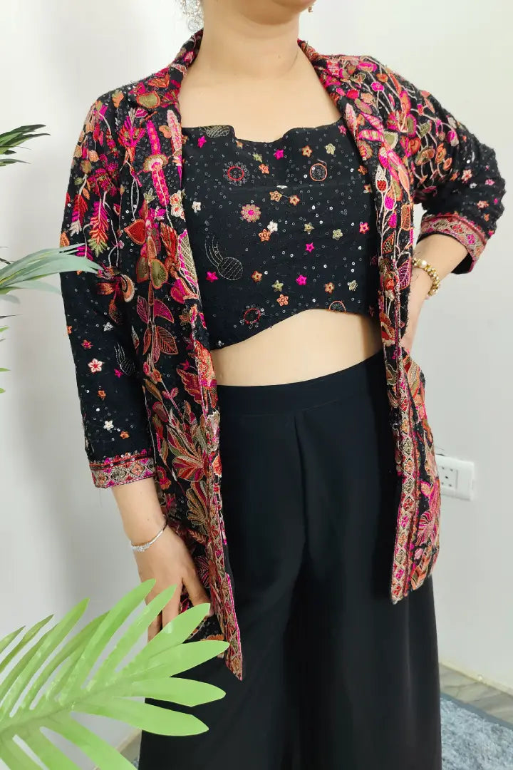 Crop Top Sharara Dress With Cord Set Style Embroidered Jacket