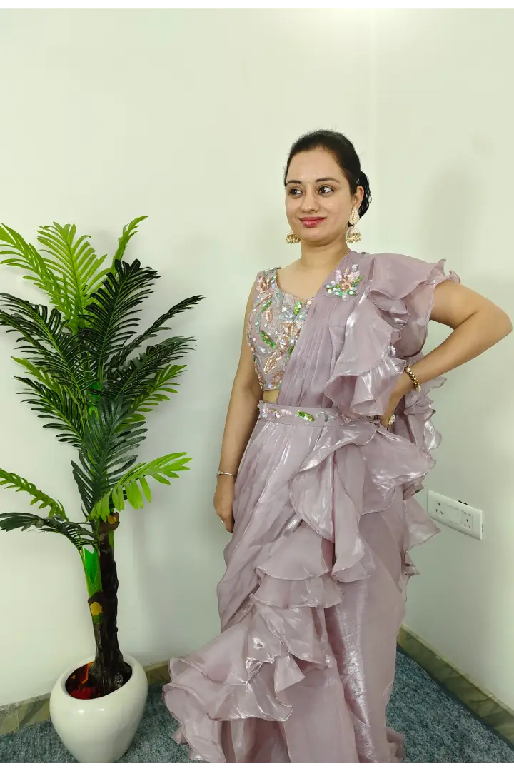 Organza Ready To Wear Ruffle Saree With Belt in Mauve