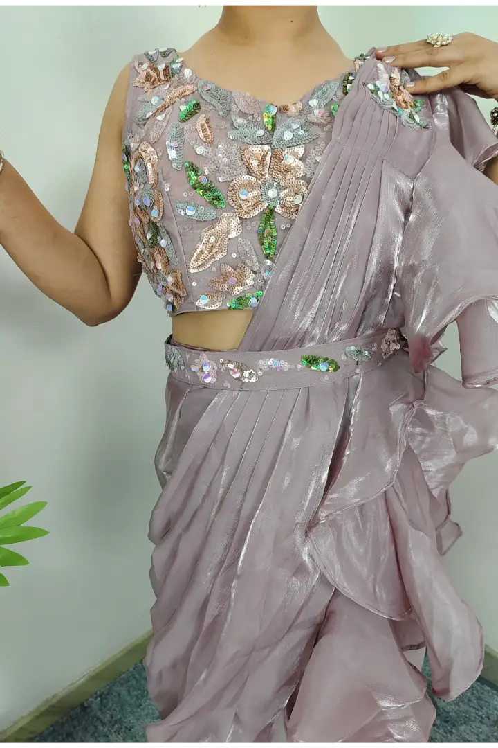 Organza Ready To Wear Ruffle Saree With Belt in Mauve