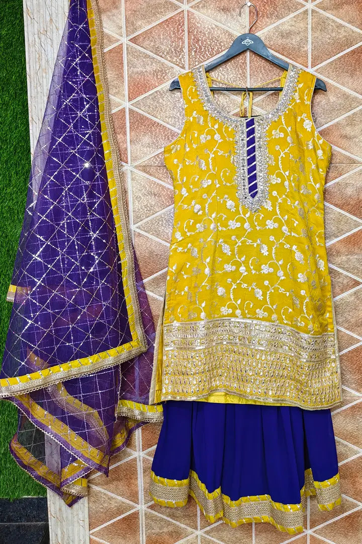 Partywear Contrast Sharara Suit In Banarasi Silk With Heavy Duppatta