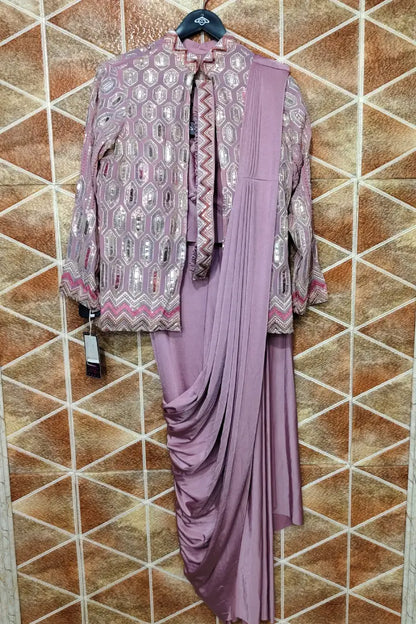 Ready to Wear Drape Saree With Belt And Jacket in Lavender