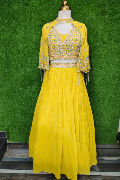 Designer Crop Top Skirt With Separate Embellished Cape In Yellow