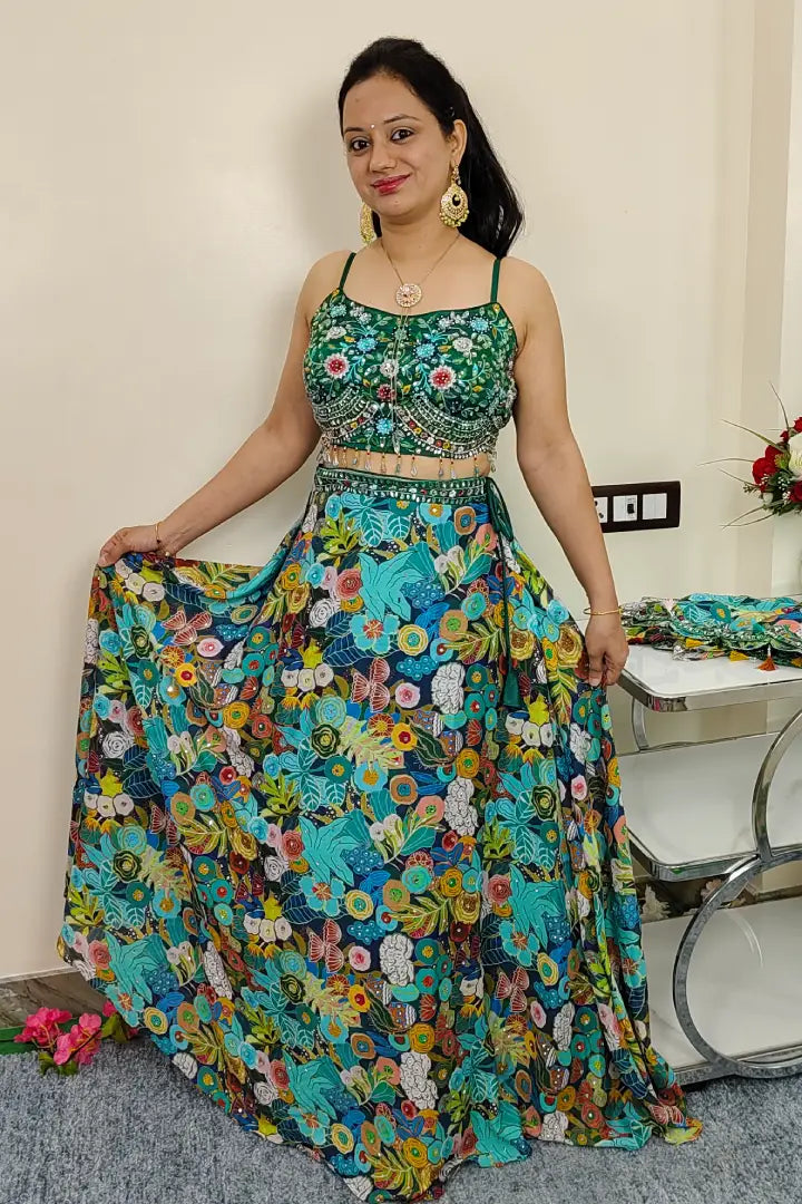 Stylish Printed Crop Top Skirt With CApe Shrug in Green For Mehendi Ceremony