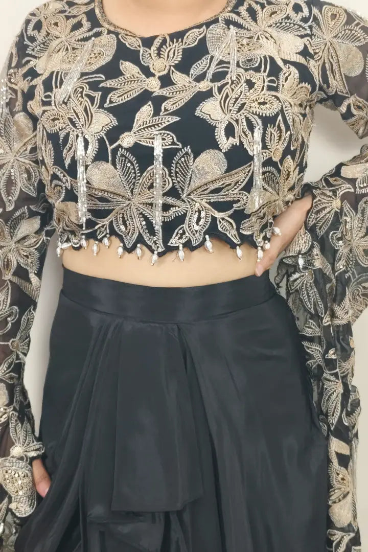 Designer Crop Top With Drape Sirt Dress In Black