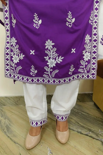 Chikan Embroidered Cotton Kurta Set With Duppatta In Purple