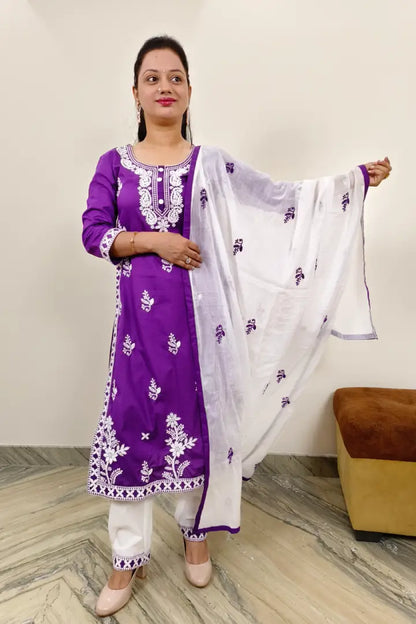 Chikan Embroidered Cotton Kurta Set With Duppatta In Purple