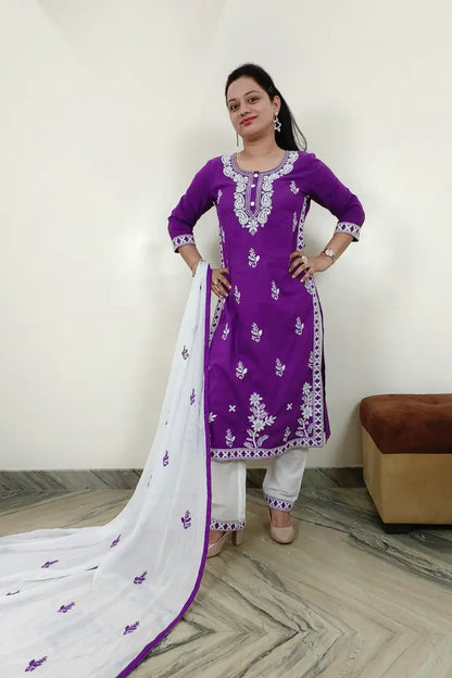 Chikan Embroidered Cotton Kurta Set With Duppatta In Purple