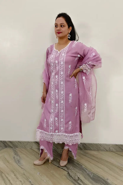 Summer Chikan Embroidered Kurta Set With Organza duppatta in Mauve