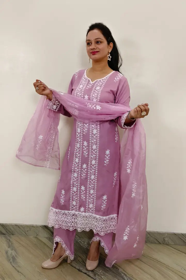 Summer Chikan Embroidered Kurta Set With Organza duppatta in Mauve