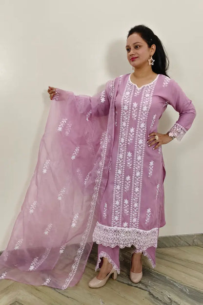 Summer Chikan Embroidered Kurta Set With Organza duppatta in Mauve