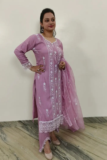 Summer Chikan Embroidered Kurta Set With Organza duppatta in Mauve