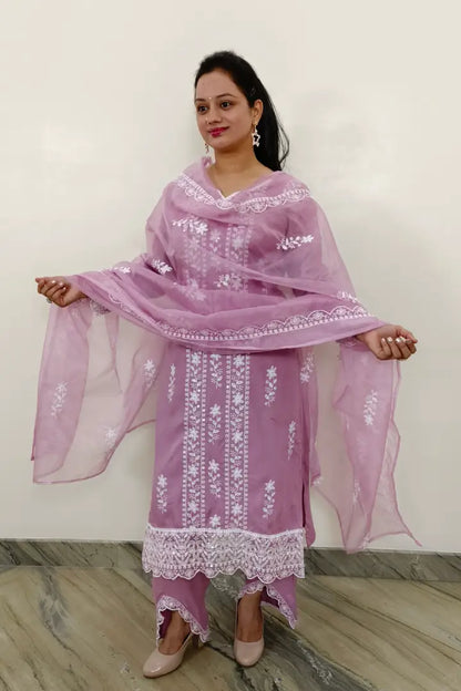 Summer Chikan Embroidered Kurta Set With Organza duppatta in Mauve