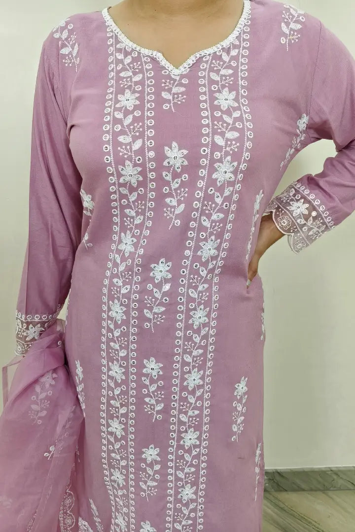 Summer Chikan Embroidered Kurta Set With Organza duppatta in Mauve