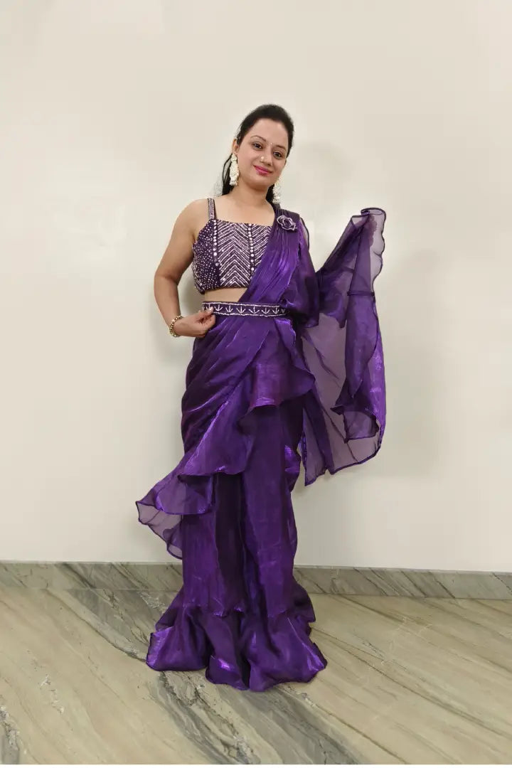 Ready To Wear Drape Saree With Hand Embellished Blouse in Purple