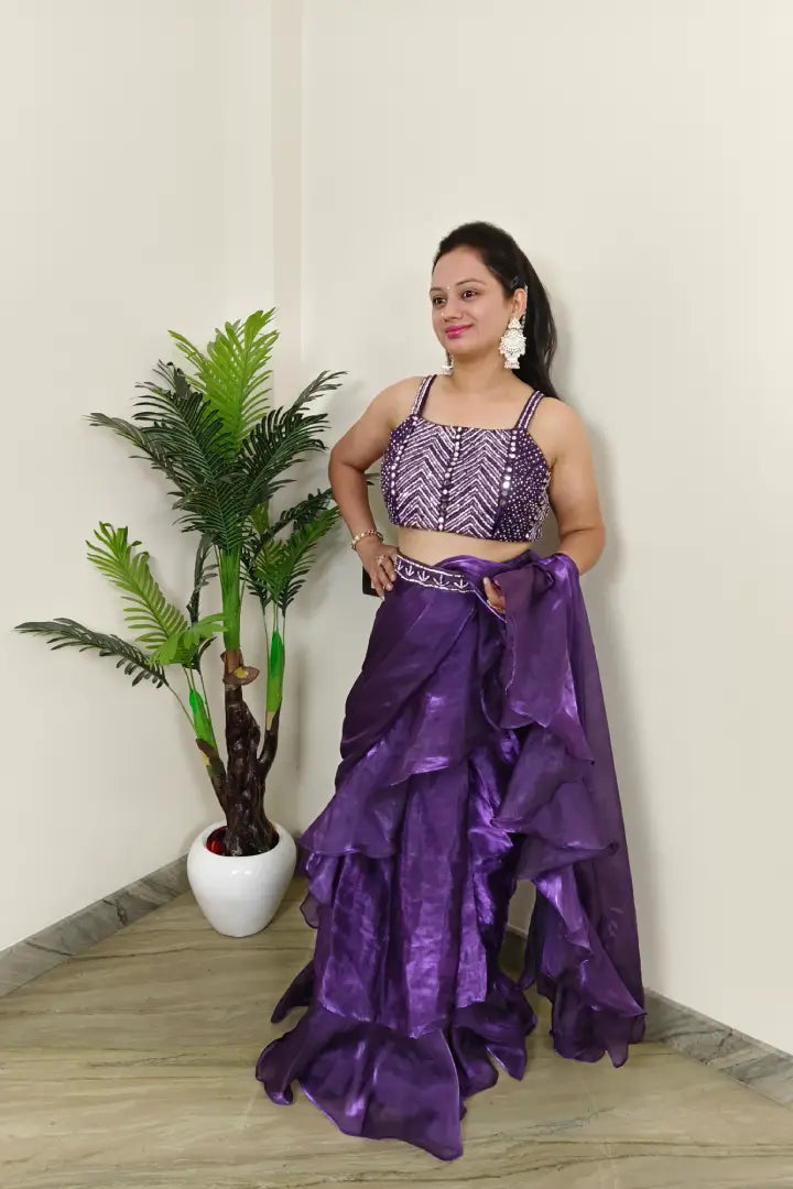 Ready To Wear Drape Saree With Hand Embellished Blouse in Purple