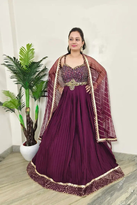 Spaghetti Style Chinnon Partywear Anarkali In Wine with beautiful Embroidered Duppatta