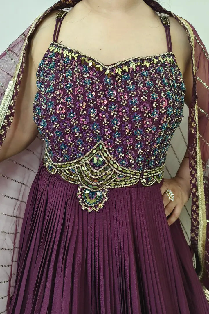 Spaghetti Style Chinnon Partywear Anarkali In Wine with beautiful Embroidered Duppatta