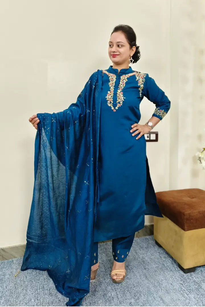 Straight Silk Partywear Suit set with Silk Sequenced Duppatta