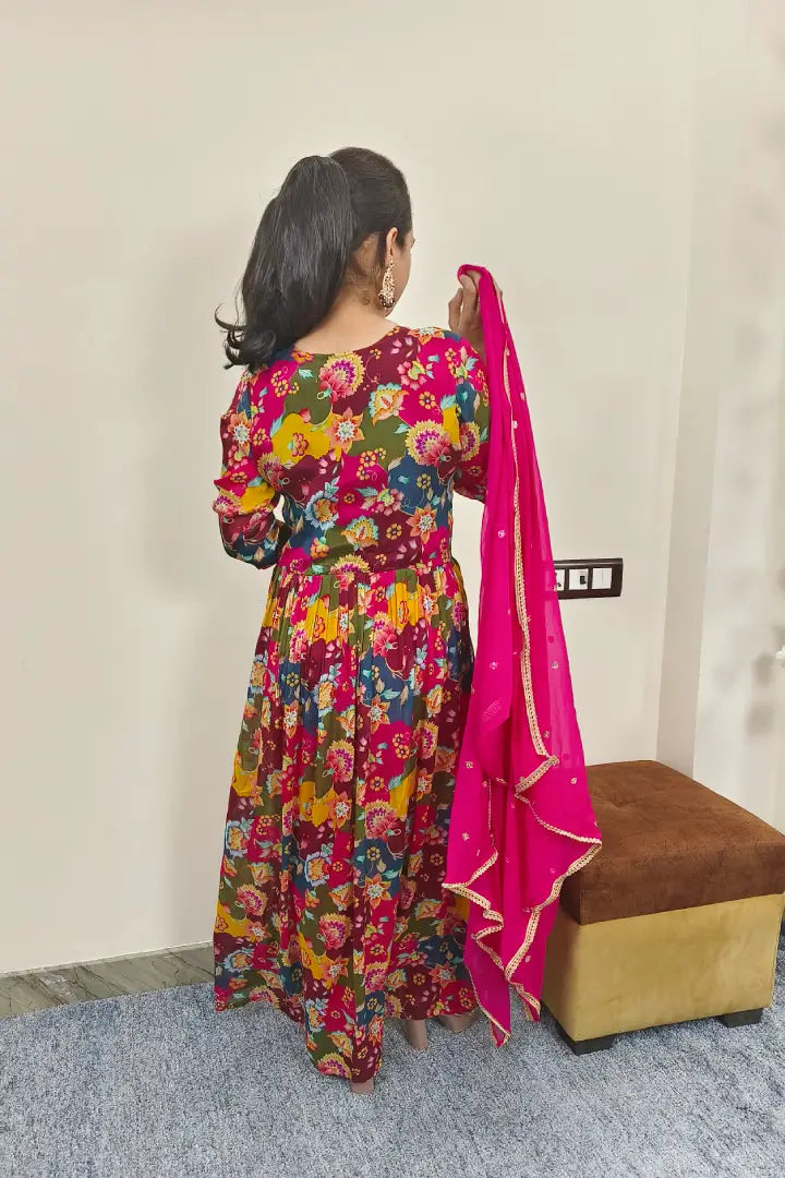 Chinnon Silk Printed Side Slit kurta Set With Chiffon Duppatta in Rani