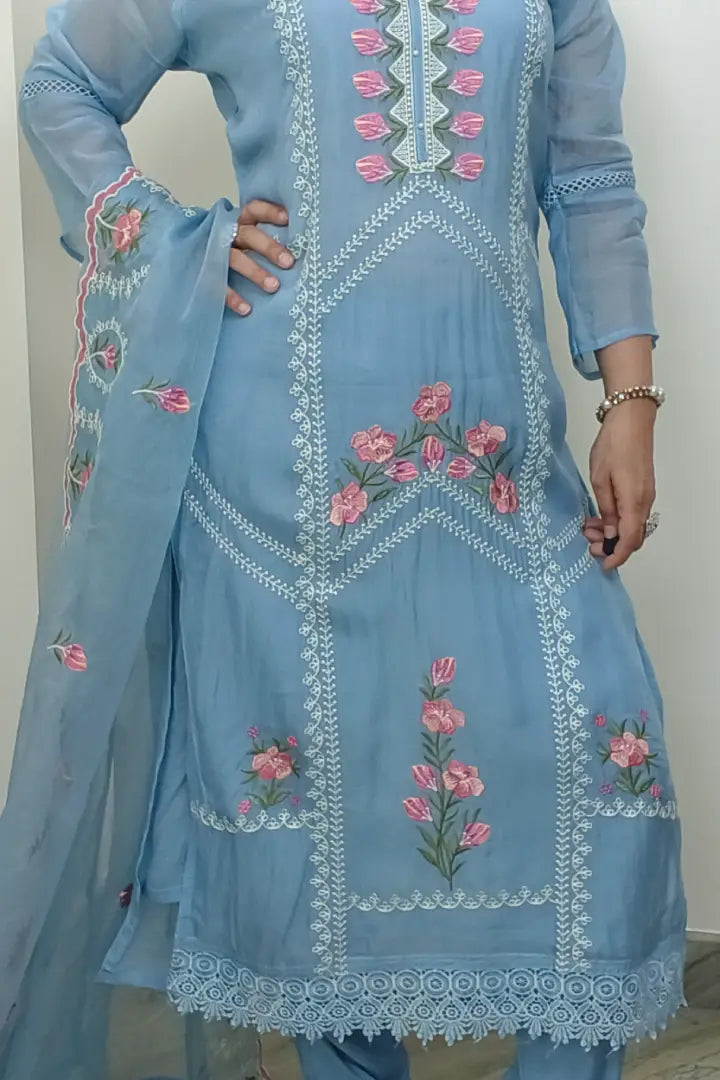 Pakistani ThreadWork Embroidered Organza Kurta Set With beutiful Duppatta in Sly Blue