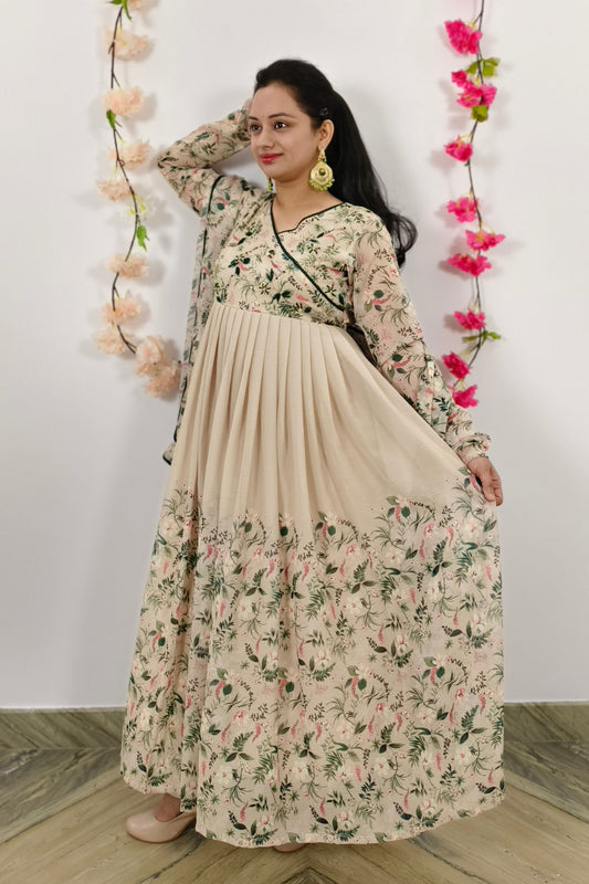 Angrakha Style Flared Printed Georgette Kurta Set In Beige