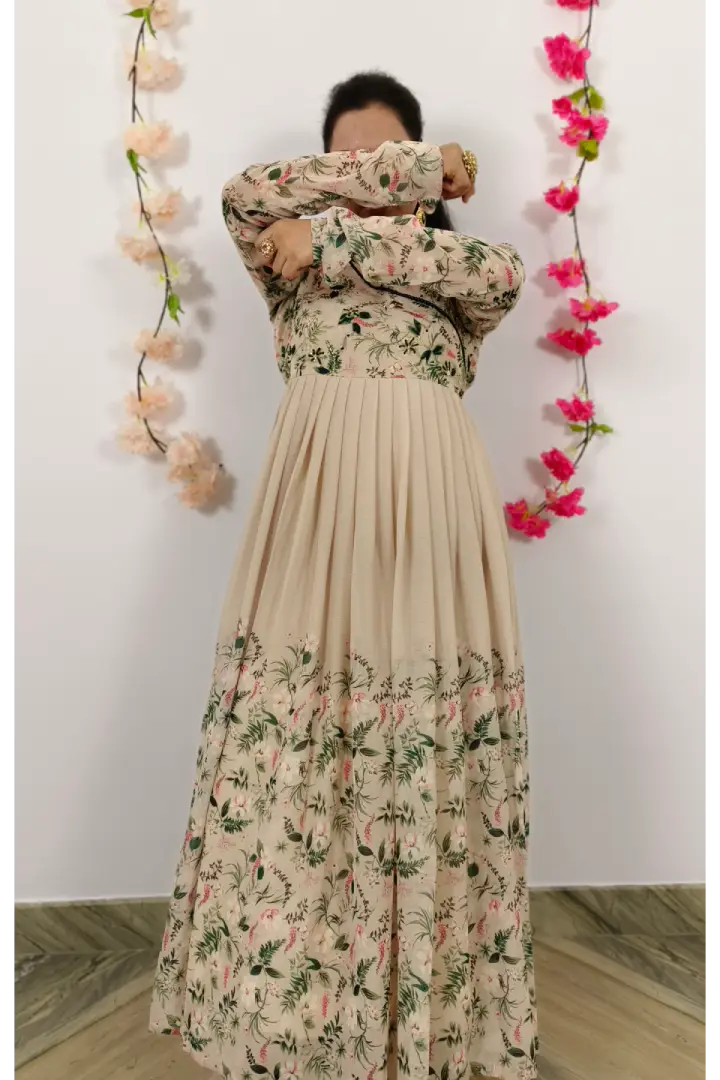Angrakha Style Flared Printed Georgette Kurta Set In Beige