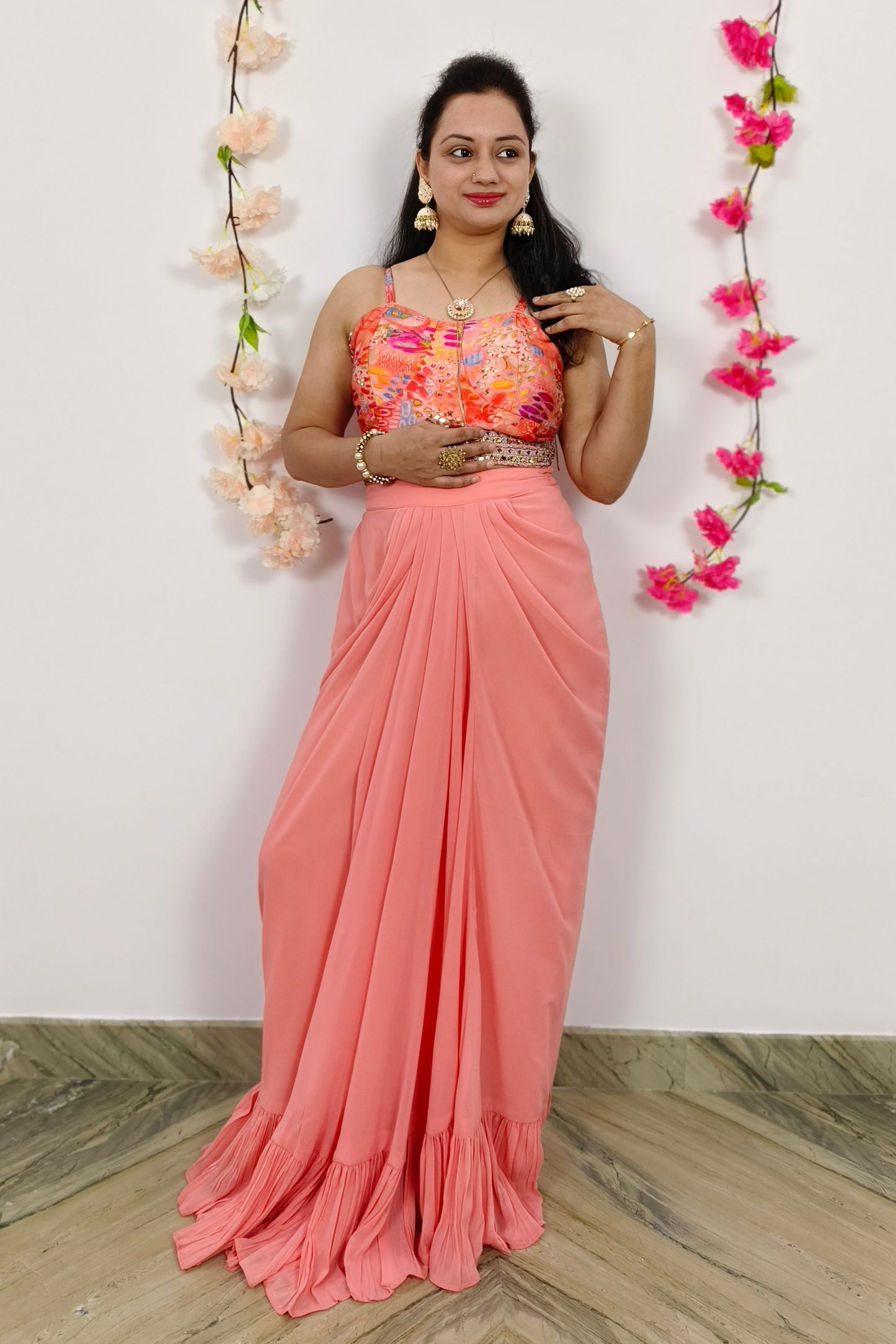 Crop Top Skirt With Shrug Indo western Dress In Pink