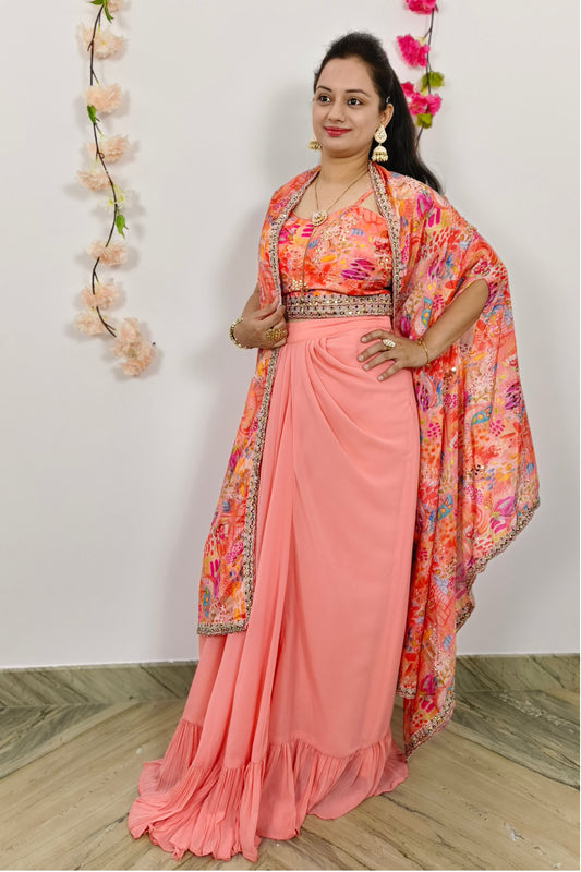 Crop Top Skirt With Shrug Indo western Dress In Pink