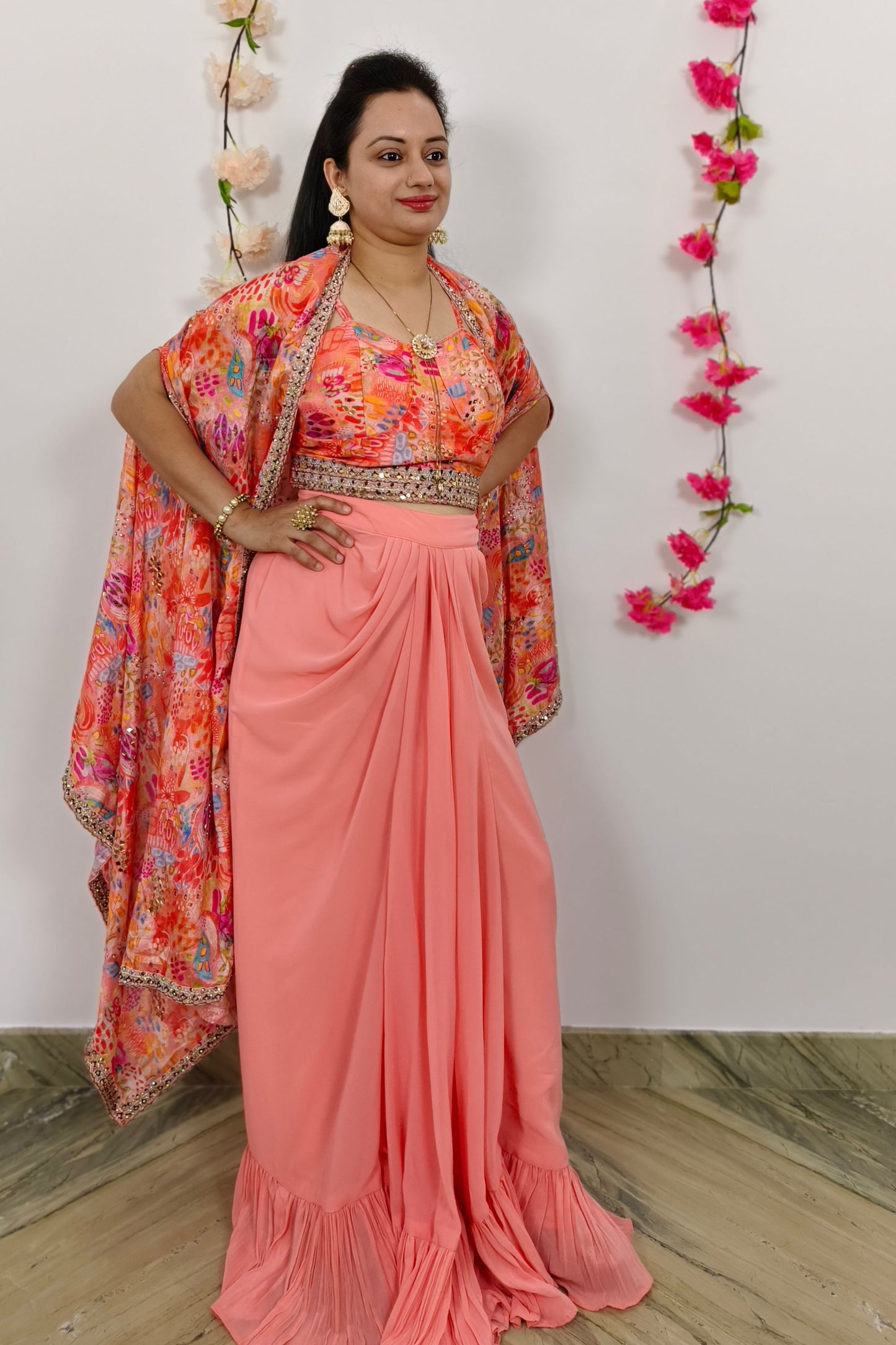 Crop Top Skirt With Shrug Indo western Dress In Pink