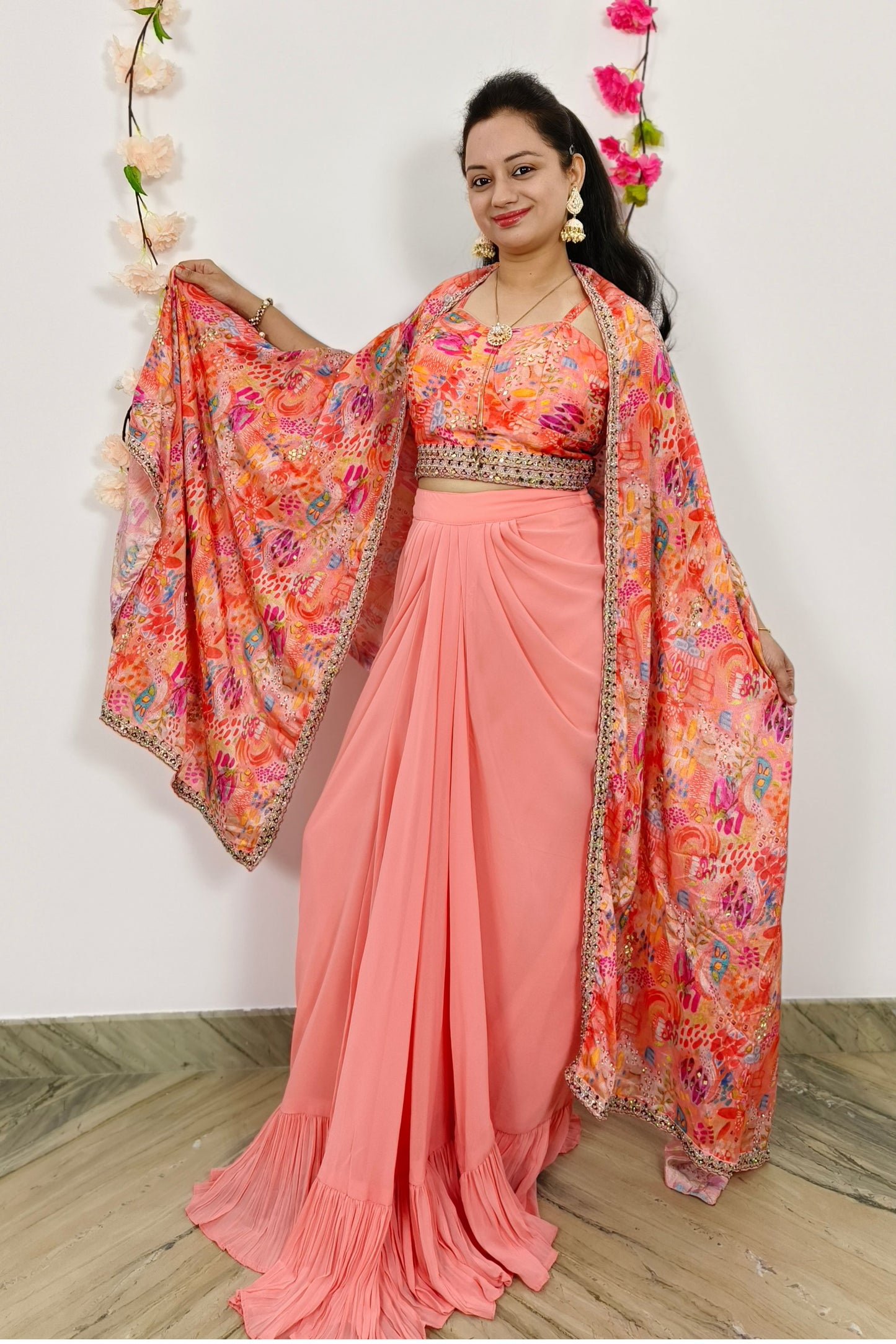 Crop Top Skirt With Shrug Indo western Dress In Pink