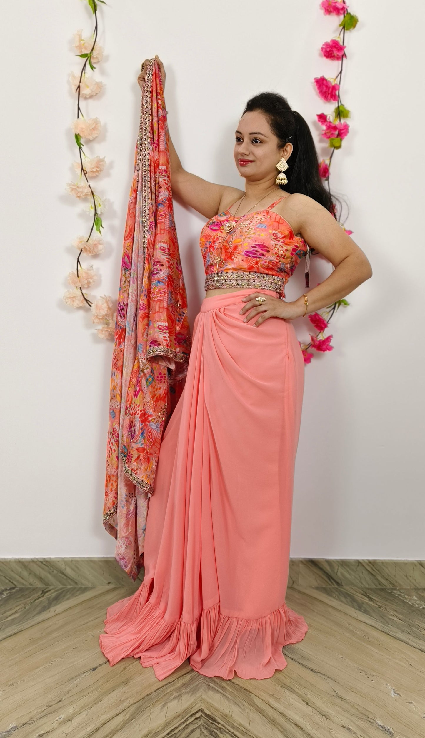 Crop Top Skirt With Shrug Indo western Dress In Pink