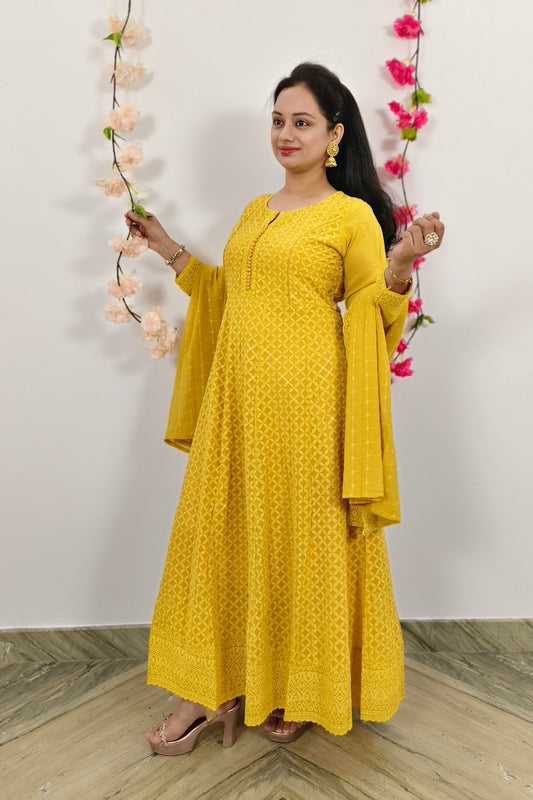 ThreadWork Anarkali SUit Set With Duppatta In Mustard