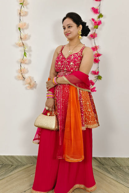 Spaghetti Style Short Anarkali Sharara Suit With Tie Die Duppatta In Orange