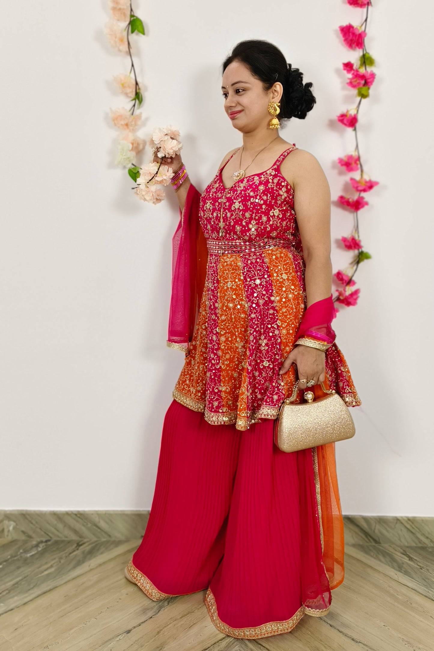 Spaghetti Style Short Anarkali Sharara Suit With Tie Die Duppatta In Orange