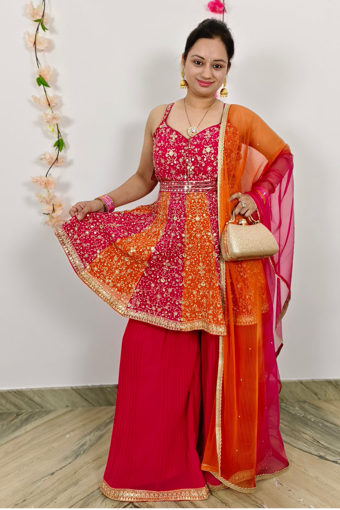 Spaghetti Style Short Anarkali Sharara Suit With Tie Die Duppatta In Orange