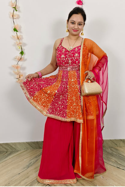 Spaghetti Style Short Anarkali Sharara Suit With Tie Die Duppatta In Orange